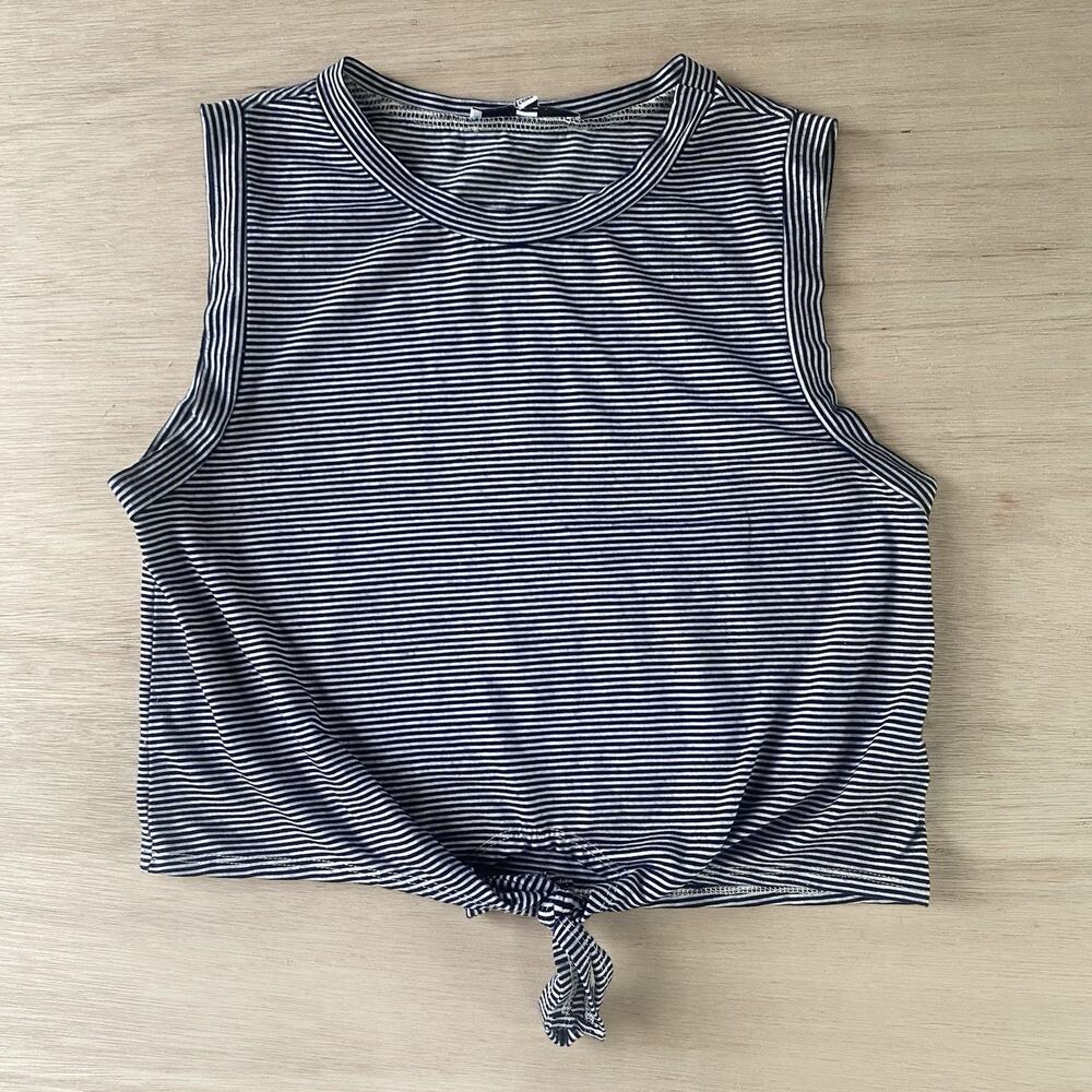 Blue-Black & White Striped Tie-Front Sleeveless Crop Top Size M
